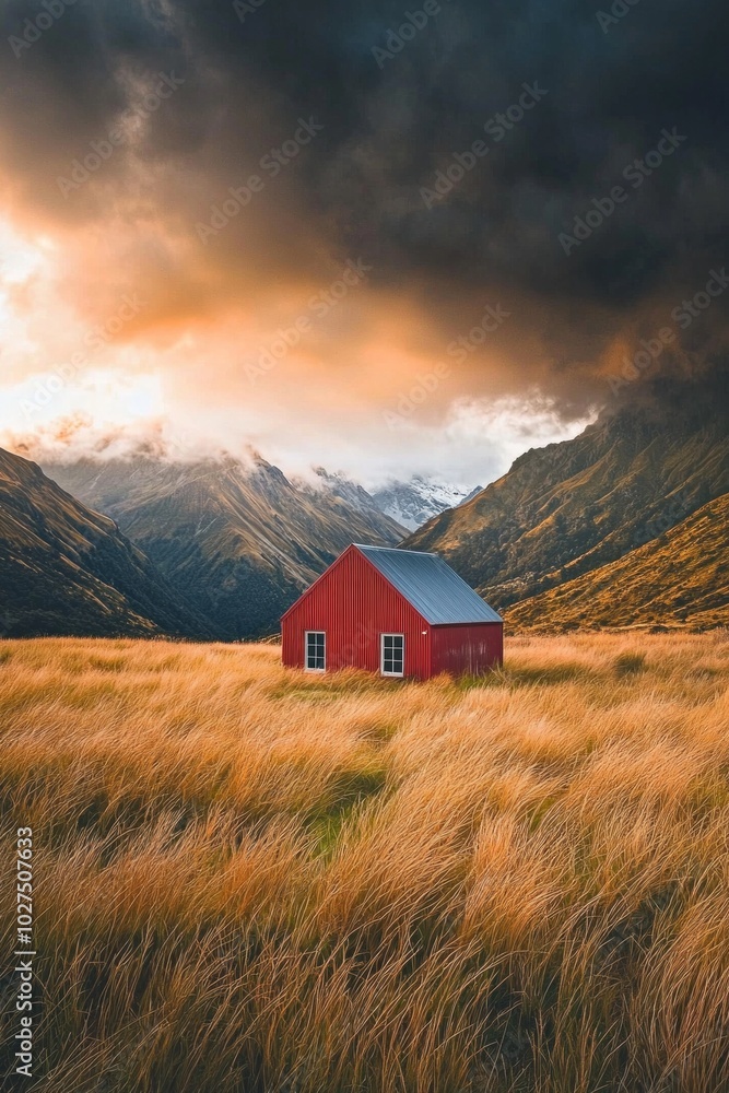 A red house in the middle of the New Zealand mountains, with dramatic sky, and grassy field. A red house in the middle of the New Zealand mountains, with dramatic sky, and grassy field.