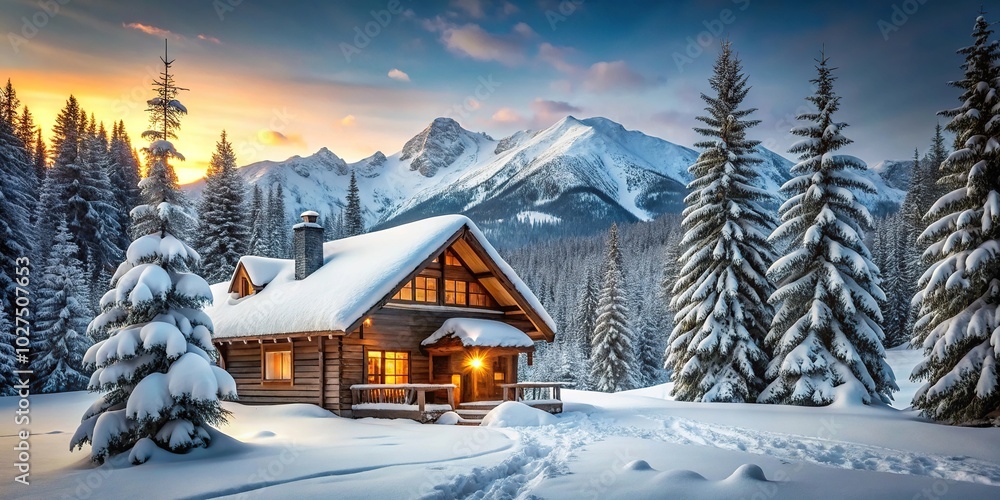 Naklejka premium Cozy mountain retreat amidst snowy peaks, winter wonderland escape