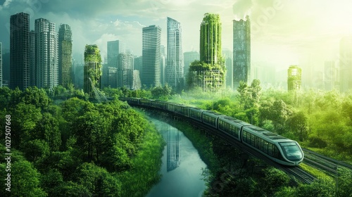 Climate change and urban planning, depicting green cities with sustainable architecture, public transportation, and climate-resilient infrastructure,  #1027507668