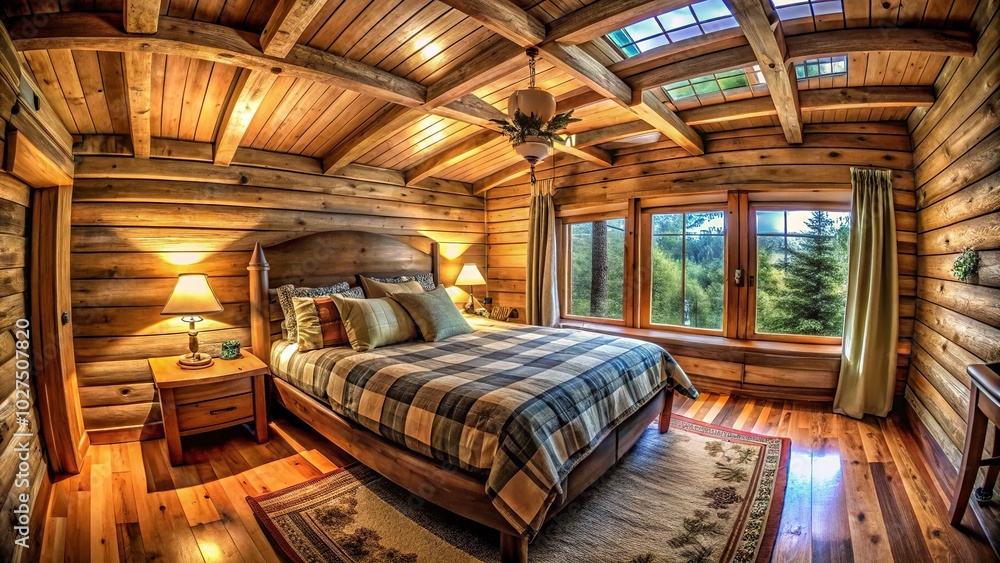 Cozy rustic cabin bedroom with plush bedding and nature inspired decor fisheye Cozy rustic cabin bedroom with plush bedding and nature inspired decor fisheye