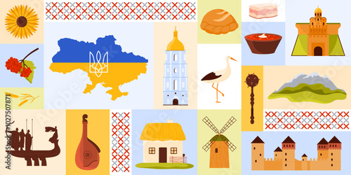Ukraine set, landmarks and elements of culture geometric banner design. Trident and flag on Ukraine map, bandura and village windmill, ethnic ornament. Cartoon stickers on backdrop vector illustration