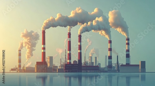 Climate change emissions, showing industrial smokestacks, vehicle emissions, and greenhouse gases rising into the atmosphere, 