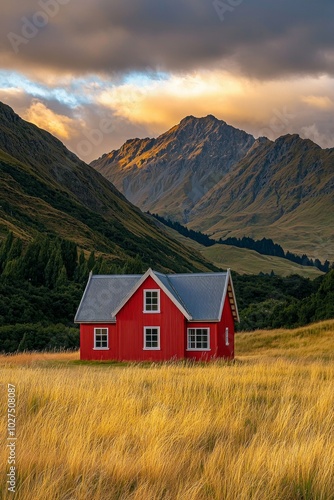 A red house in the middle of the New Zealand mountains, with dramatic sky, and grassy field.