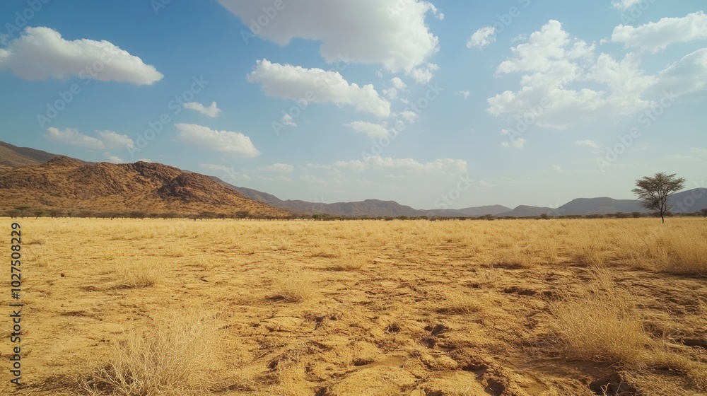 Fototapeta premium Climate change in arid and semi-arid regions, featuring dry landscapes, drought-stricken communities, and innovative water-saving techniques, 