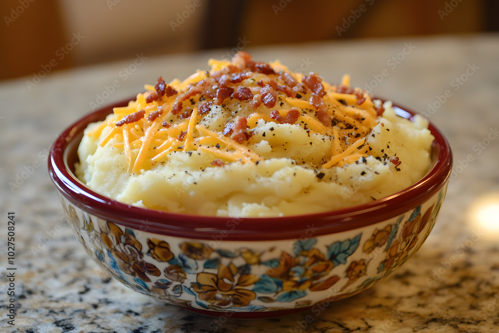 Mashed potatoes with cheese and bacon toppings on granite countertop. Mashed potatoes with cheese and bacon toppings on granite countertop.
