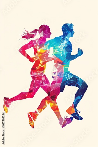 A colorful silhouette of a man and woman running side-by-side in a stylized geometric design.