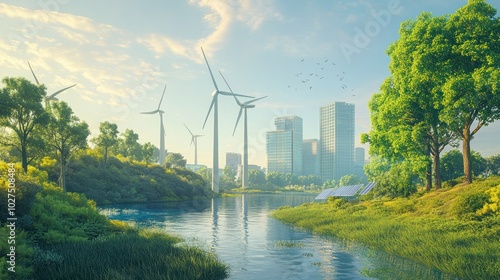 Climate change solutions, showing renewable energy sources like wind turbines, solar panels, and reforestation efforts, symbolizing the actionable steps to combat climate change. photo