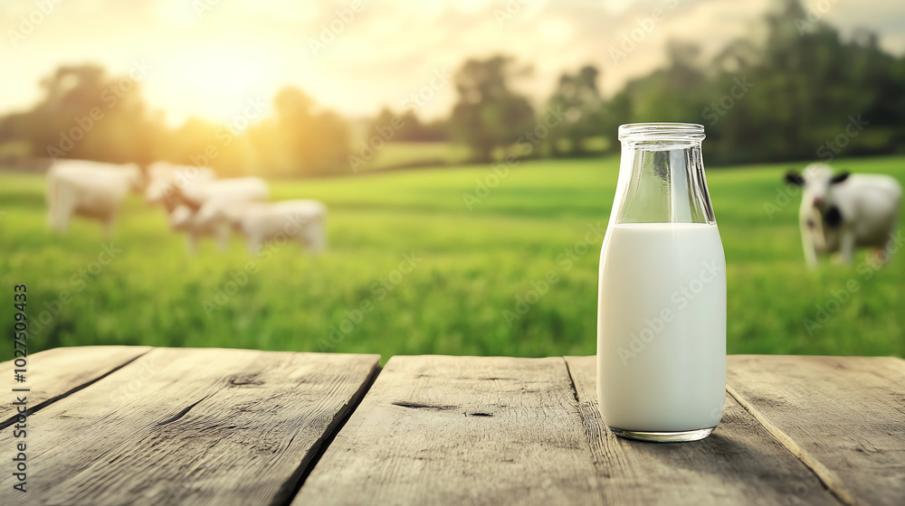 bottle of fresh milk on wooden table with cows, AI generated bottle of fresh milk on wooden table with cows, AI generated