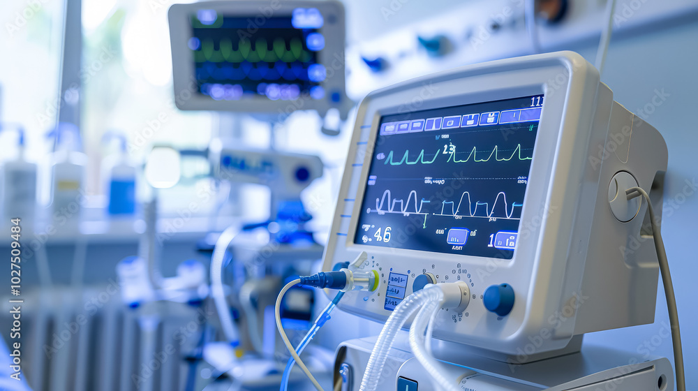 Hospital room with a monitor on the wall. The monitor is showing a heart rate. The room is sterile and quiet Hospital room with a monitor on the wall. The monitor is showing a heart rate. The room is sterile and quiet