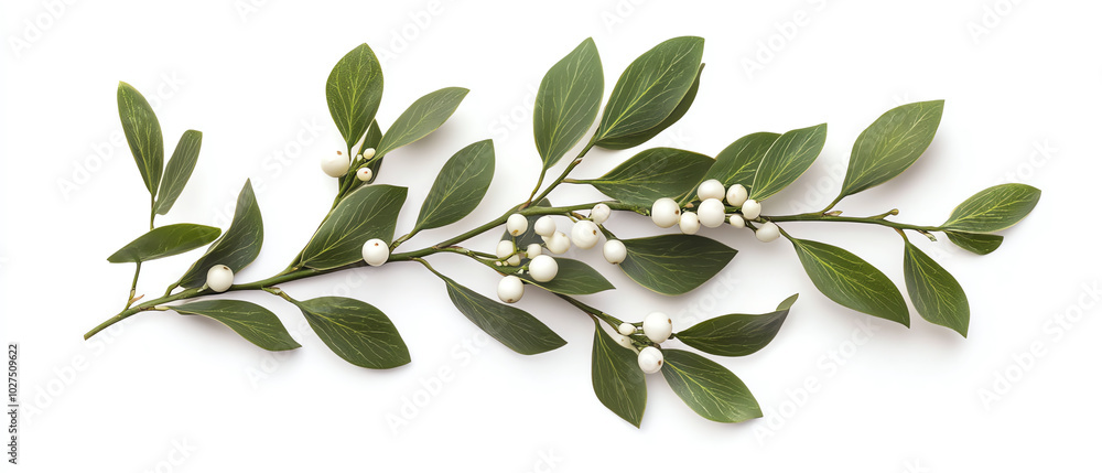 Green leaves with white berries on a branch, white isolate background. Green leaves with white berries on a branch, white isolate background.