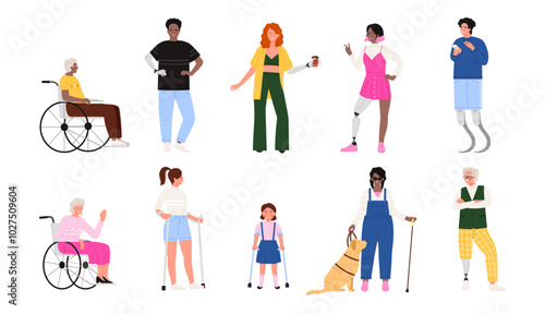Diverse group of people with different types of disability, social inclusion. Man and woman with special needs, male and female characters on wheelchair, with prosthesis cartoon vector illustration