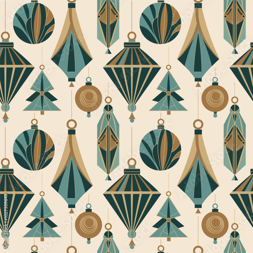 Winter Seamless Christmas pattern with glass tree toys in Art Deco style. Hand drawn festive repeating background with New Year cold decor. Modern Xmas ornament for design, wrapping paper, textile