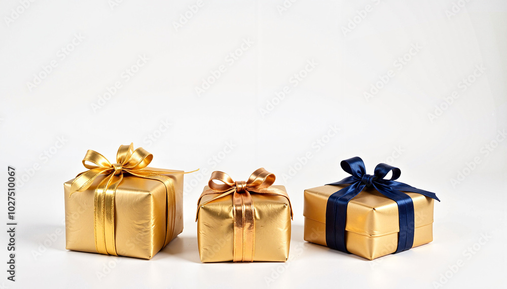 Fototapeta premium Three elegant gift boxes with ribbons on white background and copy space