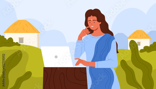 Indian woman working with laptop in village landscape. Young lady in traditional blue dress sitting at table to work or study online, freelancer businesswoman at workplace cartoon vector illustration