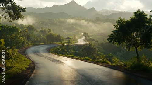 Realistic view of a winding road leading to misty mountains, framed by lush greenery and trees on both sides, showcasing a picturesque landscape perfect for driving or scenery-focused photography.