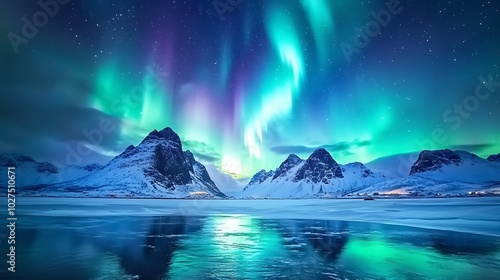 A stunning display of the Northern Lights over snowy mountains and a reflective lake at night.