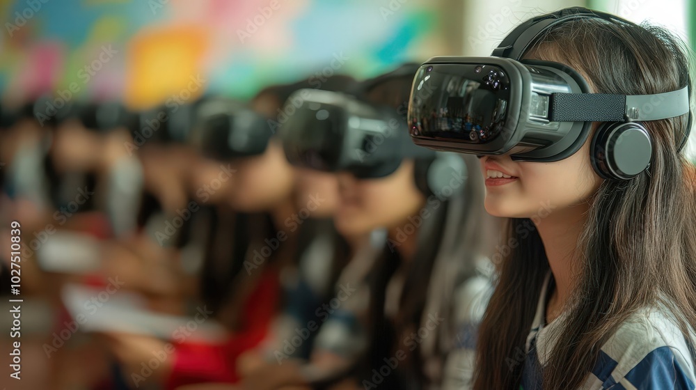 Students engaged in virtual reality learning experience, showcasing technology in education and innovation. Students engaged in virtual reality learning experience, showcasing technology in education and innovation.