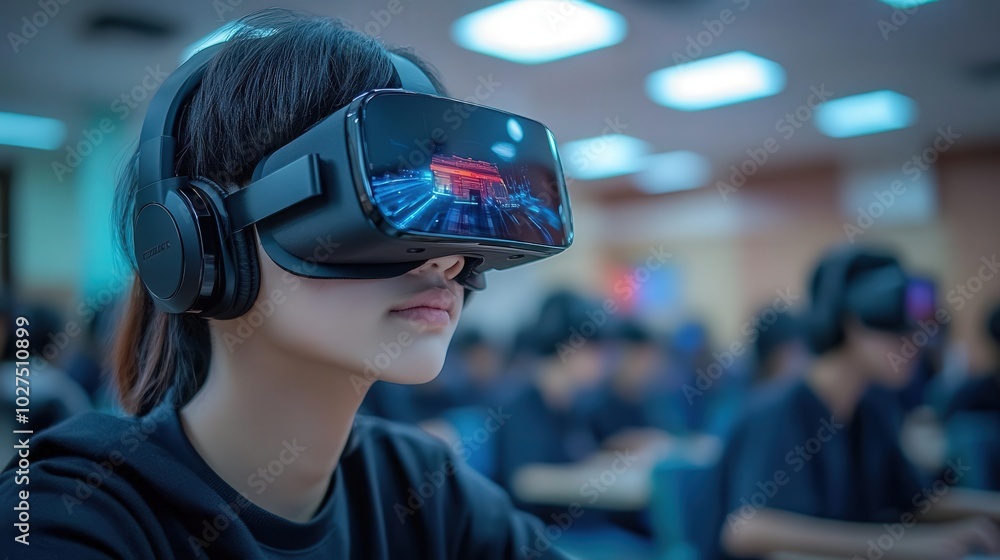 A focused student immersed in virtual reality, exploring technology in a modern classroom environment, enhancing learning experiences. A focused student immersed in virtual reality, exploring technology in a modern classroom environment, enhancing learning experiences.