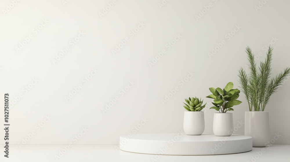 Minimalist decor with potted plants on white pedestal, creating serene and fresh atmosphere. arrangement features various green plants in simple white pots, enhancing calm aesthetic Minimalist decor with potted plants on white pedestal, creating serene and fresh atmosphere. arrangement features various green plants in simple white pots, enhancing calm aesthetic