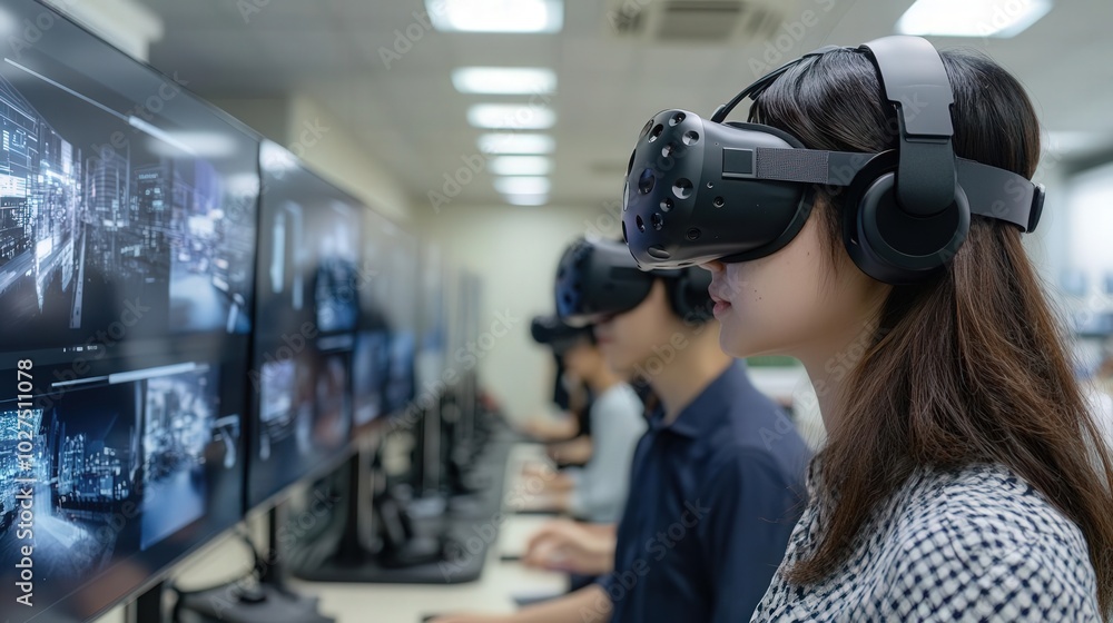 A person engages in virtual reality technology, wearing a VR headset while focusing on multiple computer screens in a modern workspace. A person engages in virtual reality technology, wearing a VR headset while focusing on multiple computer screens in a modern workspace.