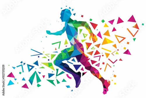 Abstract colorful geometric silhouette of a runner in motion, with triangles flying off the figure as he runs.