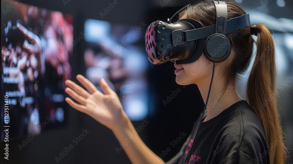 A young woman experiencing virtual reality with a headset, engaging with digital content and interacting in an immersive environment. A young woman experiencing virtual reality with a headset, engaging with digital content and interacting in an immersive environment.