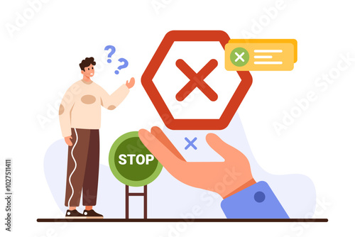 Refusal communication, forbidden sign for action. Tiny man with question mark and surprise from prohibition, giant hand showing cross and stop warning signs, error message cartoon vector illustration