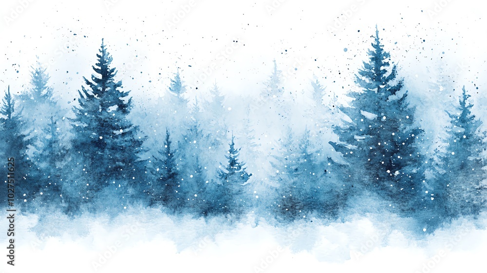 Fototapeta premium Winter landscape with snowy trees, soft blue tones, and serene atmosphere.
