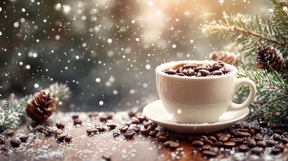 Obraz premium White coffee cup with steam, coffee beans, and pine leaves on wood, blurred snowflake background.