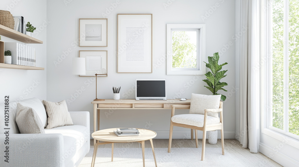 A modern home office featuring minimalist design with wooden desk, laptop, and comfortable seating. bright space is enhanced by natural light and greenery, creating serene atmosphere A modern home office featuring minimalist design with wooden desk, laptop, and comfortable seating. bright space is enhanced by natural light and greenery, creating serene atmosphere