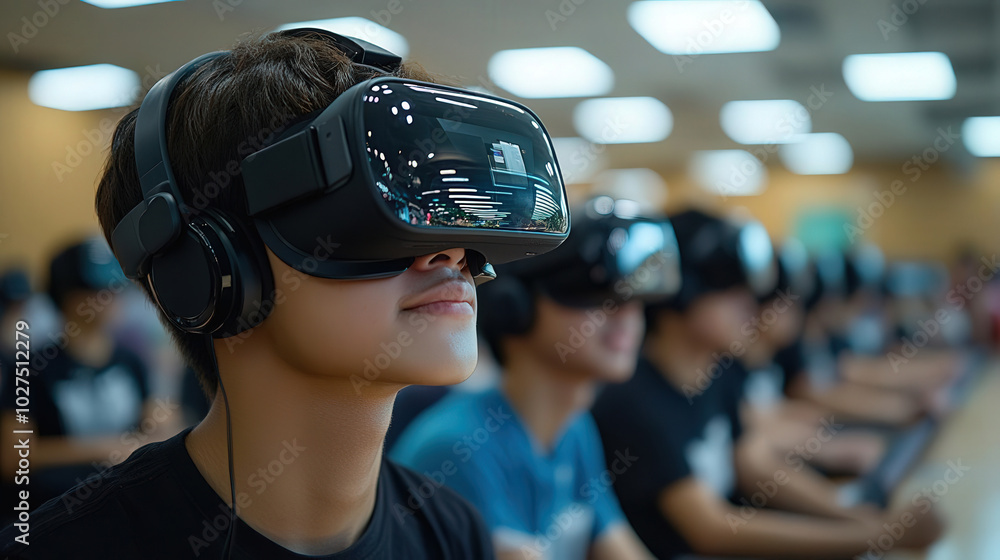 A student enjoying a virtual reality experience in a classroom setting, showcasing technology and modern education. A student enjoying a virtual reality experience in a classroom setting, showcasing technology and modern education.