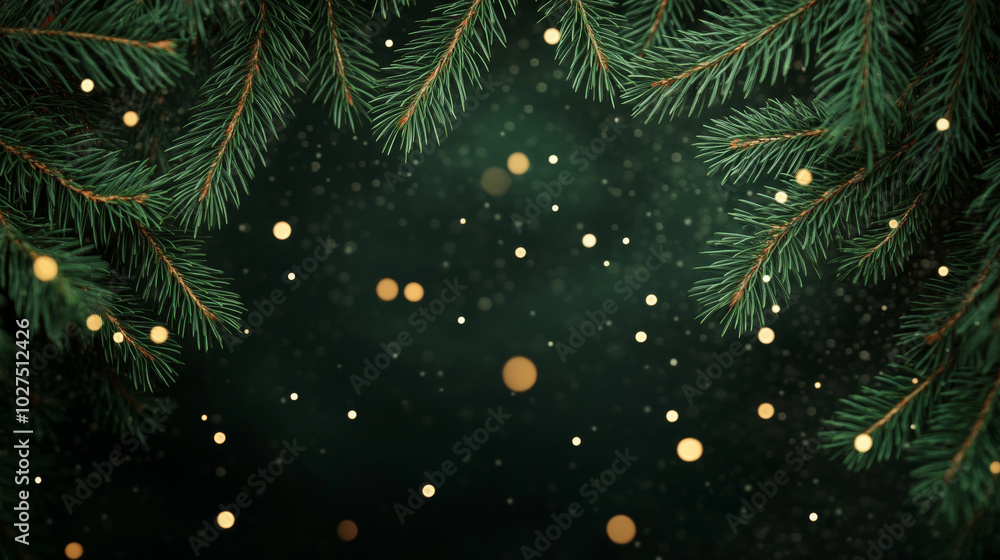 A beautiful Christmas background featuring evergreen branches with golden bokeh lights and dark green backdrop, creating festive and warm atmosphere A beautiful Christmas background featuring evergreen branches with golden bokeh lights and dark green backdrop, creating festive and warm atmosphere