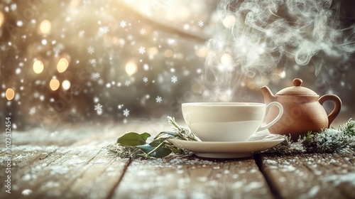 Wallpaper Mural Clay kettle and steaming teacup with green tea leaves on old wood, blurred snowflakes in background. Torontodigital.ca