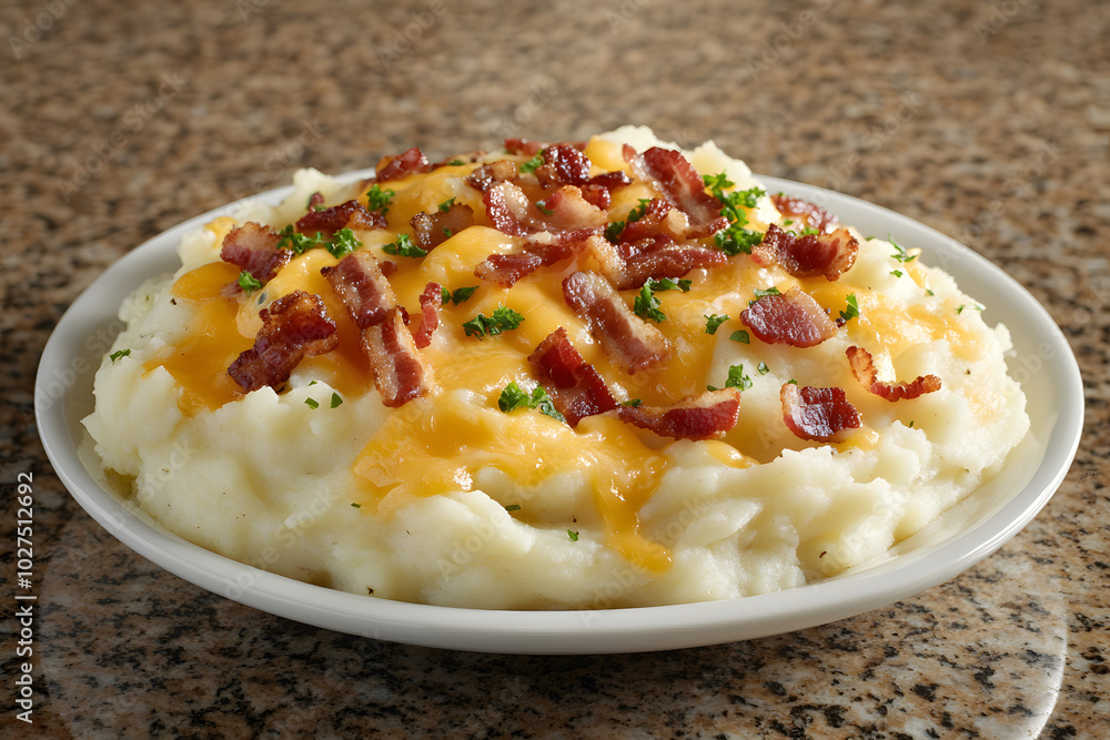 Mashed potatoes with cheese and bacon toppings on granite countertop. Mashed potatoes with cheese and bacon toppings on granite countertop.
