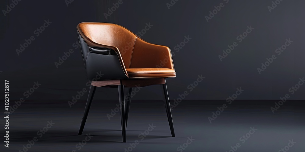 Obraz premium Modern brown leather chair with black legs against a dark background.