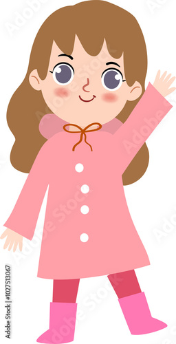 Cute Girl Kid In Pink Raincoat Illustration