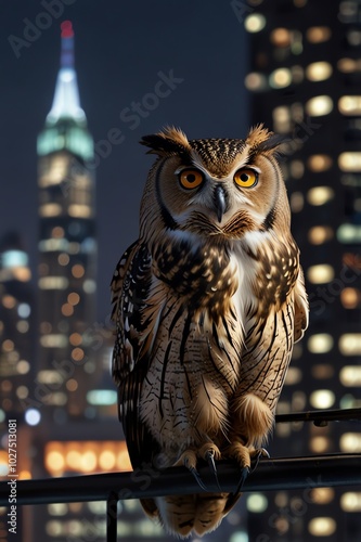 Owl perched on railing with city skyline behind. photo