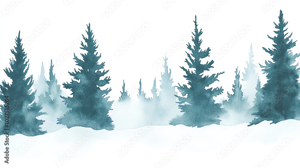 Evergreen trees in snow, soft misty backdrop, white isolate background. Evergreen trees in snow, soft misty backdrop, white isolate background.