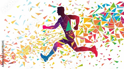 Silhouette of a man running with colorful geometric shapes in the background.