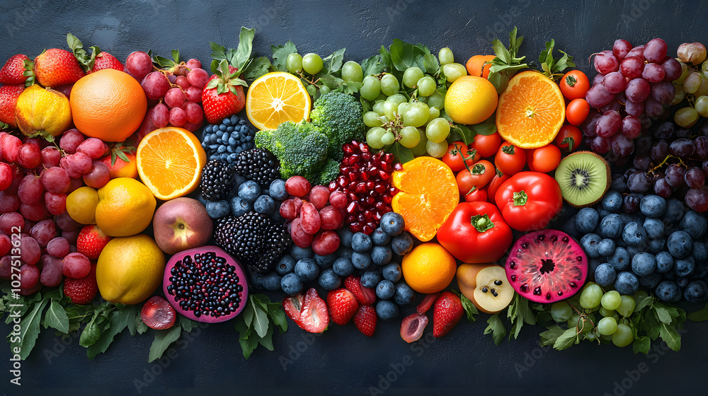 A Vibrant Display of Colorful Fruits and Vegetables Arranged on a Market Stand.
A Vibrant Display of Colorful Fruits and Vegetables Arranged on a Market Stand.