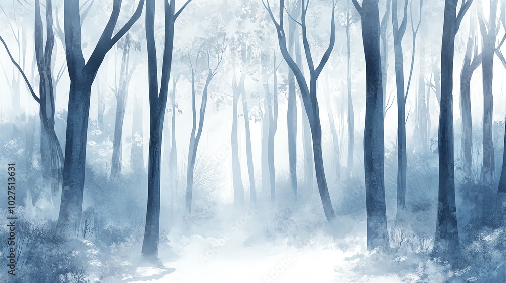 Misty forest with tall trees and soft blue tones, ethereal atmosphere. Misty forest with tall trees and soft blue tones, ethereal atmosphere.