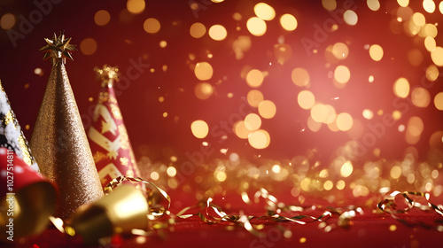 A Joyous New Year's Eve Setup with Rich Red Background and Golden Accents for Celebrations