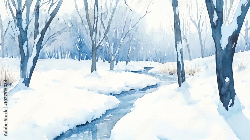 Serene winter landscape with snow-covered trees and a flowing stream. Serene winter landscape with snow-covered trees and a flowing stream.