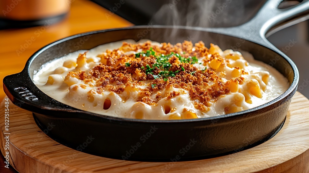 cheesy mac and cheese in a cast-iron skillet, with golden breadcrumbs crisped on top and steam rising. cheesy mac and cheese in a cast-iron skillet, with golden breadcrumbs crisped on top and steam rising.
