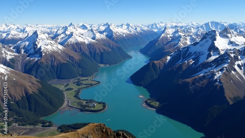 Breathtaking aerial view of snow capped Southern Alps glacial lakes under blue sky