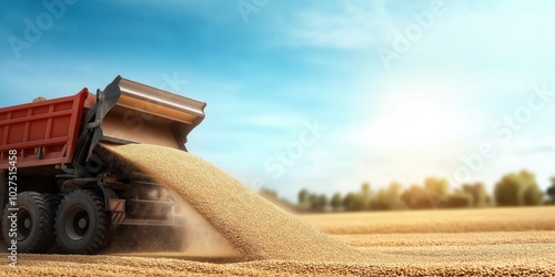 A dump truck releases a load of sand onto a vast, sunny field, symbolizing progress and abundance under a clear blue sky in a rural setting. photo