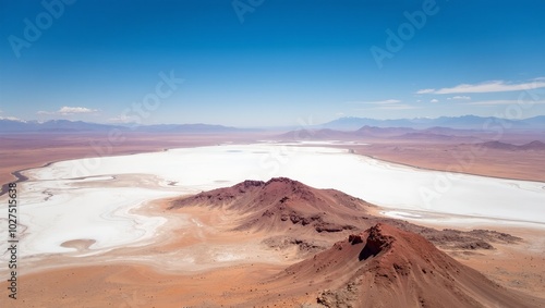 Aerial view of Atacama Desert with salt flats and sand dunes under clear blue sky