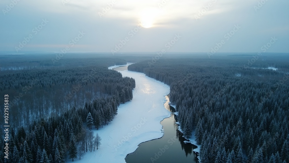 Obraz premium Expansive Russian taiga with coniferous forests frozen lakes and rivers from above