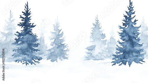 Snowy landscape with evergreen trees, soft blue tones, white isolated background