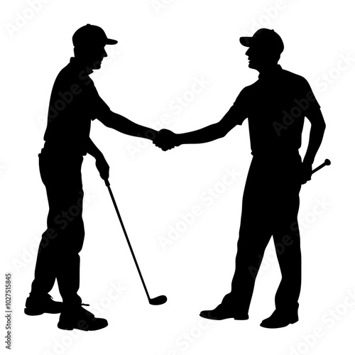 Golfers Shaking Hands on the Green Silhouette Vector: Celebrating Sportsmanship and Camaraderie